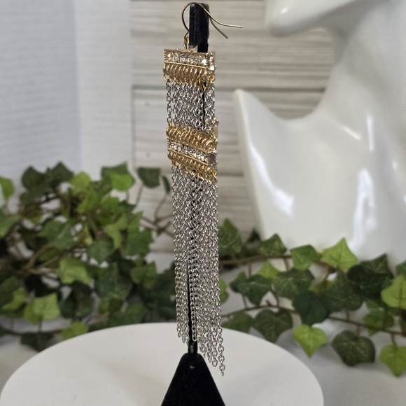 Statement Gold Silver Multi Chain Long Earrings - Picture 6 of 9
